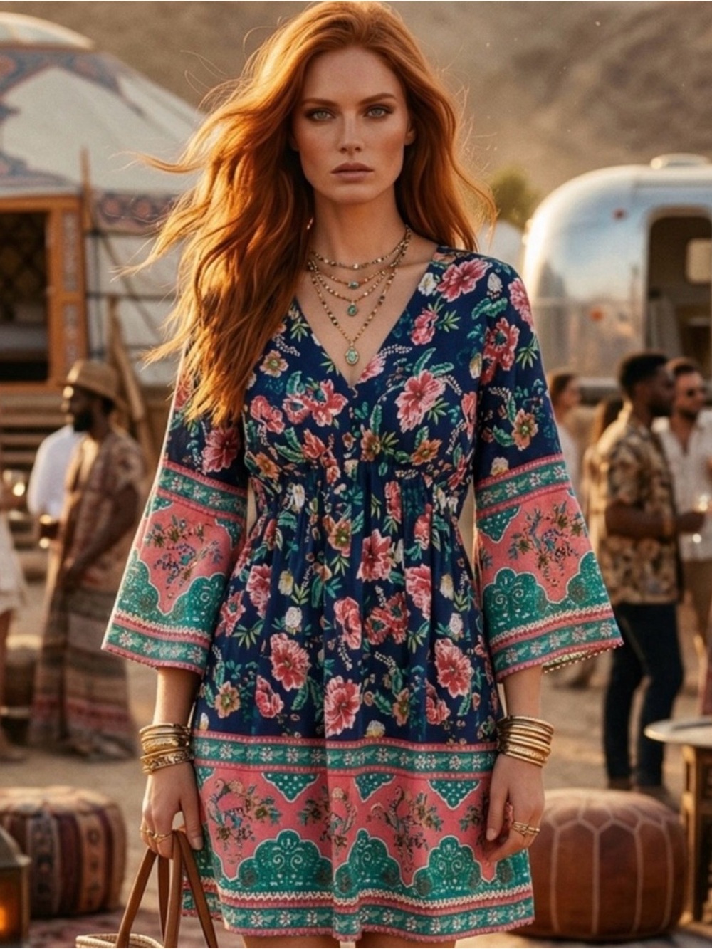 Women Boho Floral V-Neck 3/4 Sleeve Flowy Babydoll Mini Dress Blue Pink Green